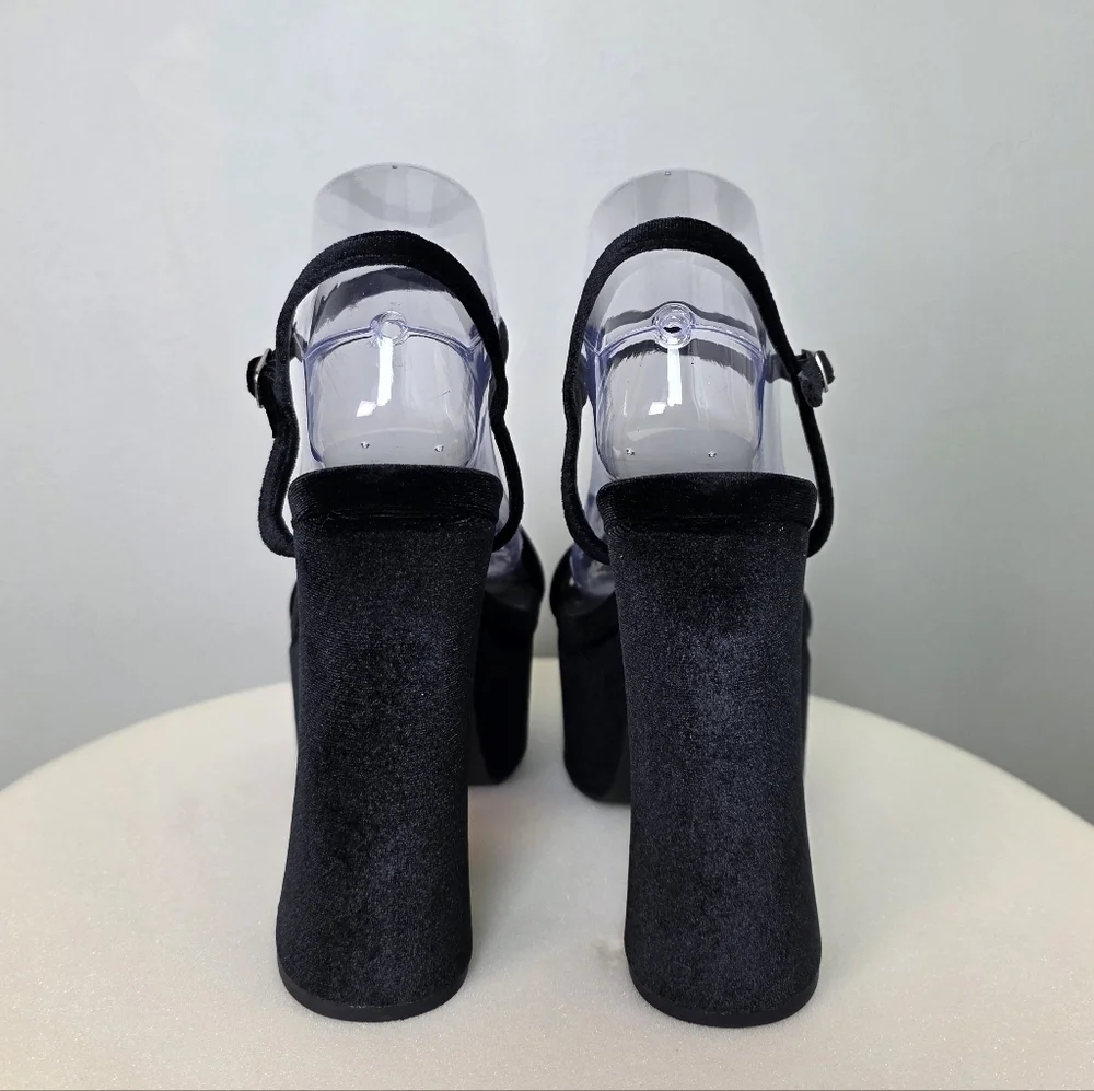 Lulus Serenitie Black Velvet Platform High Heel Chunky Bold Sandals, Size 7.5